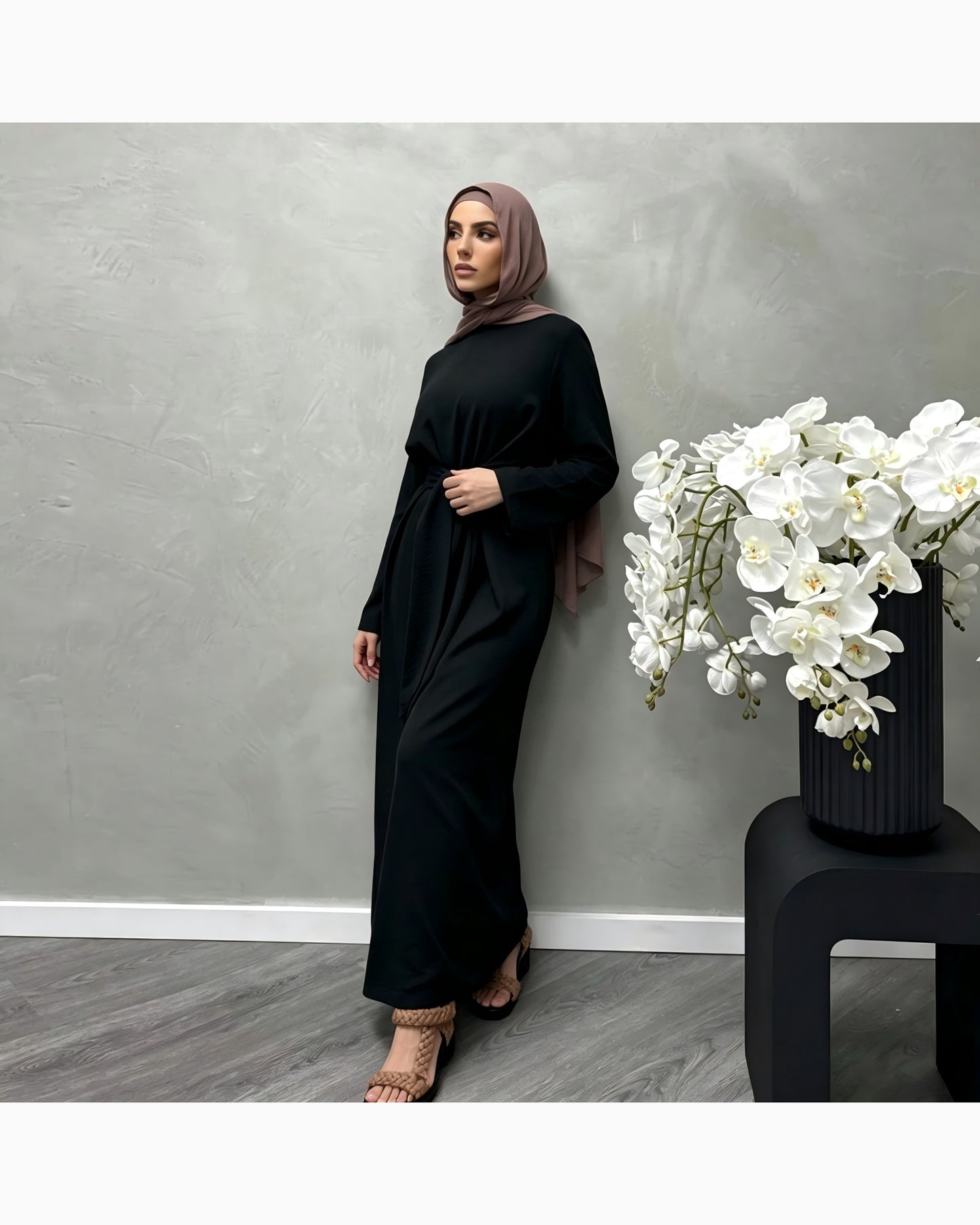Solid color cotton belted maxi dress in elegant cut - modest long sleeve abaya dress for women