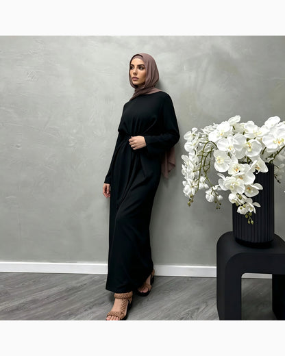 Solid color cotton belted maxi dress in elegant cut - modest long sleeve abaya dress for women