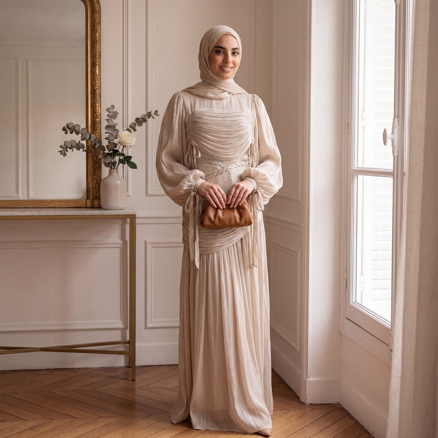 Elegant Mock Neck Pleated Maxi Dress - Modest Long Sleeve Abaya Dress