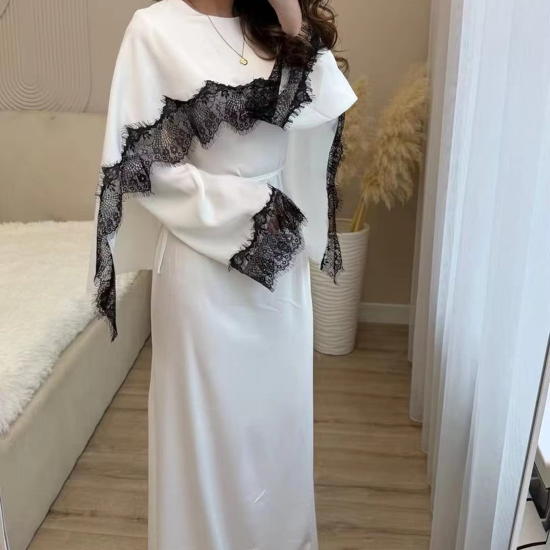 Lace Panel Cape Sleeve Modest Maxi Dress - Elegant Viscose Long Gown