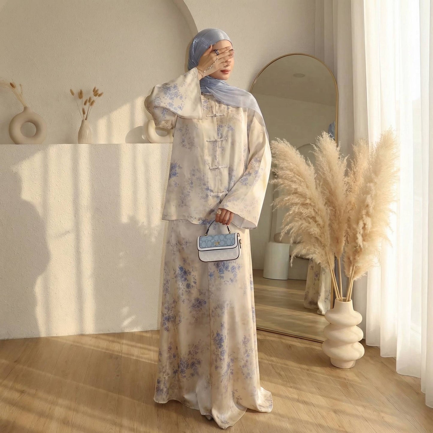 Printed Button 2-Piece Modest Set - Apricot Print