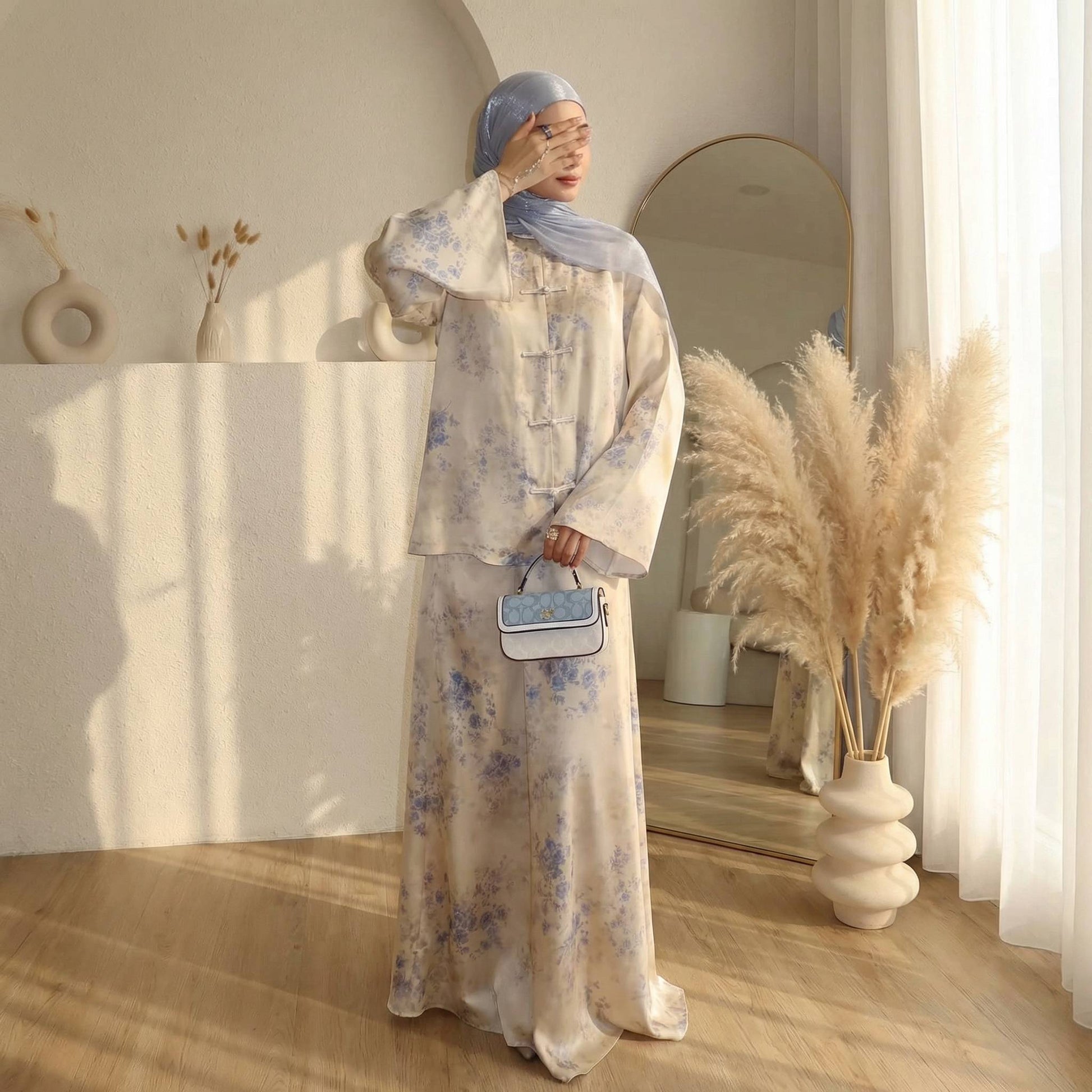 Printed Button 2-Piece Modest Set - Apricot Print