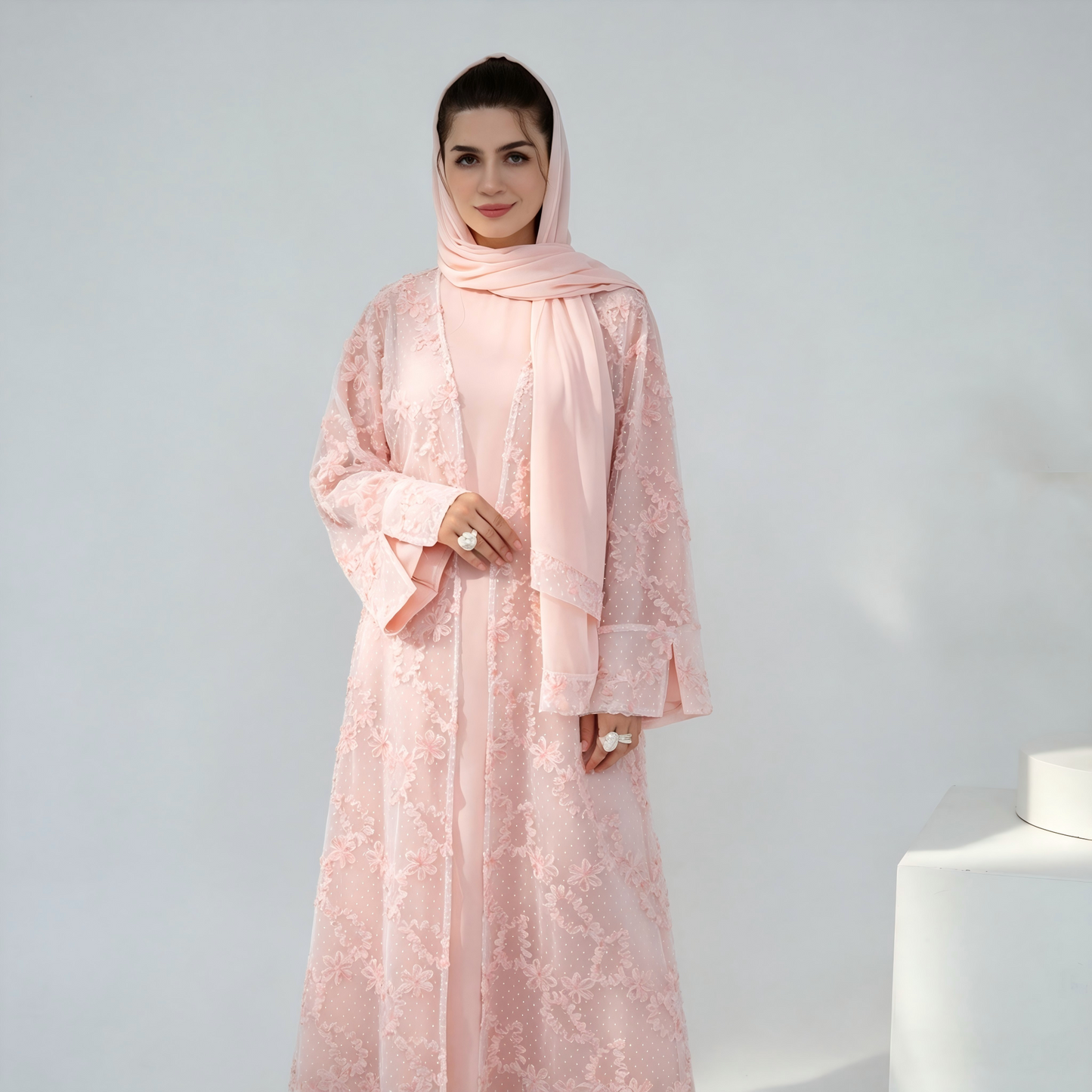 Elegant Mesh Cardigan Abaya and Hijab Set
