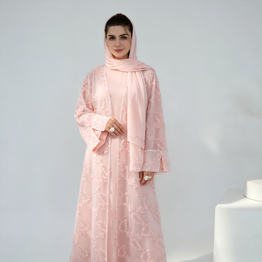 Elegant Mesh Cardigan Abaya and Hijab Set