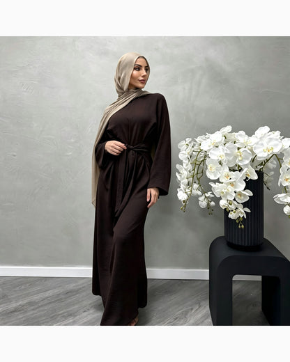 Solid color cotton belted maxi dress in elegant cut - modest long sleeve abaya dress for women