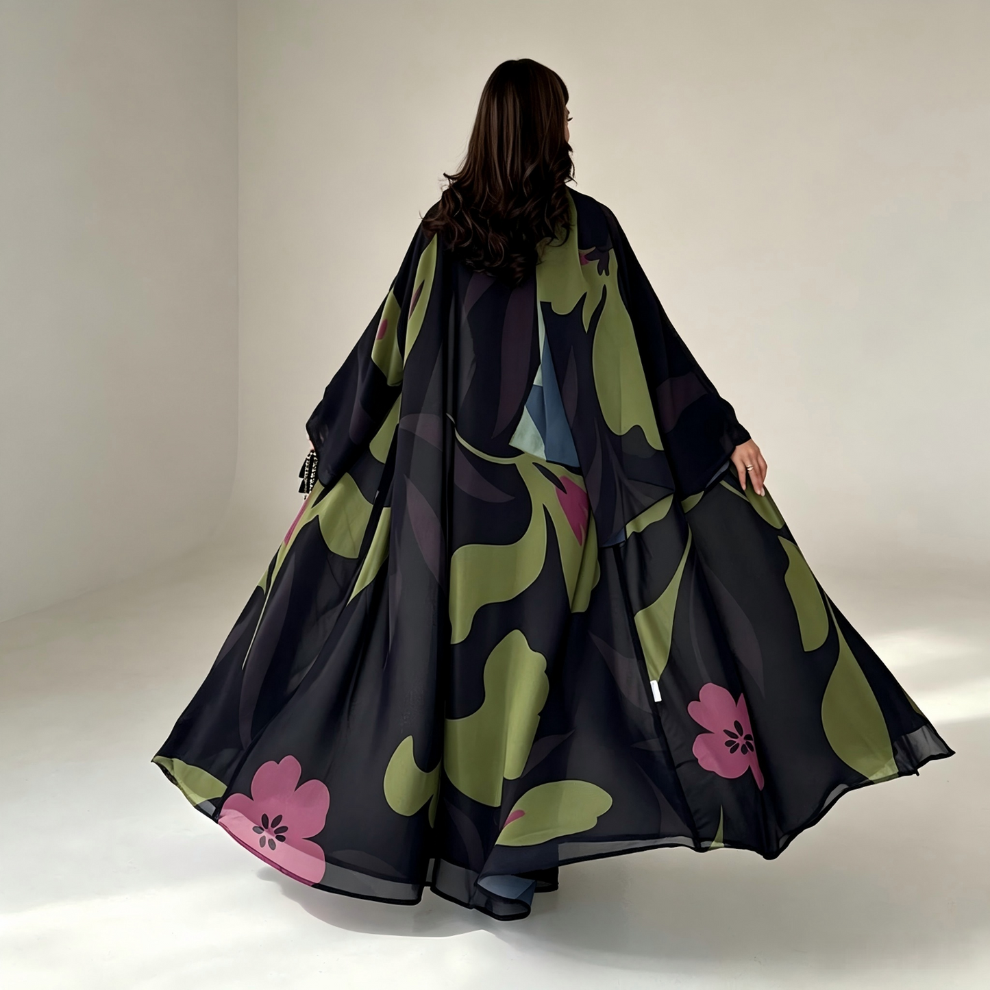 Green chiffon abaya with hijab set flat lay product shot