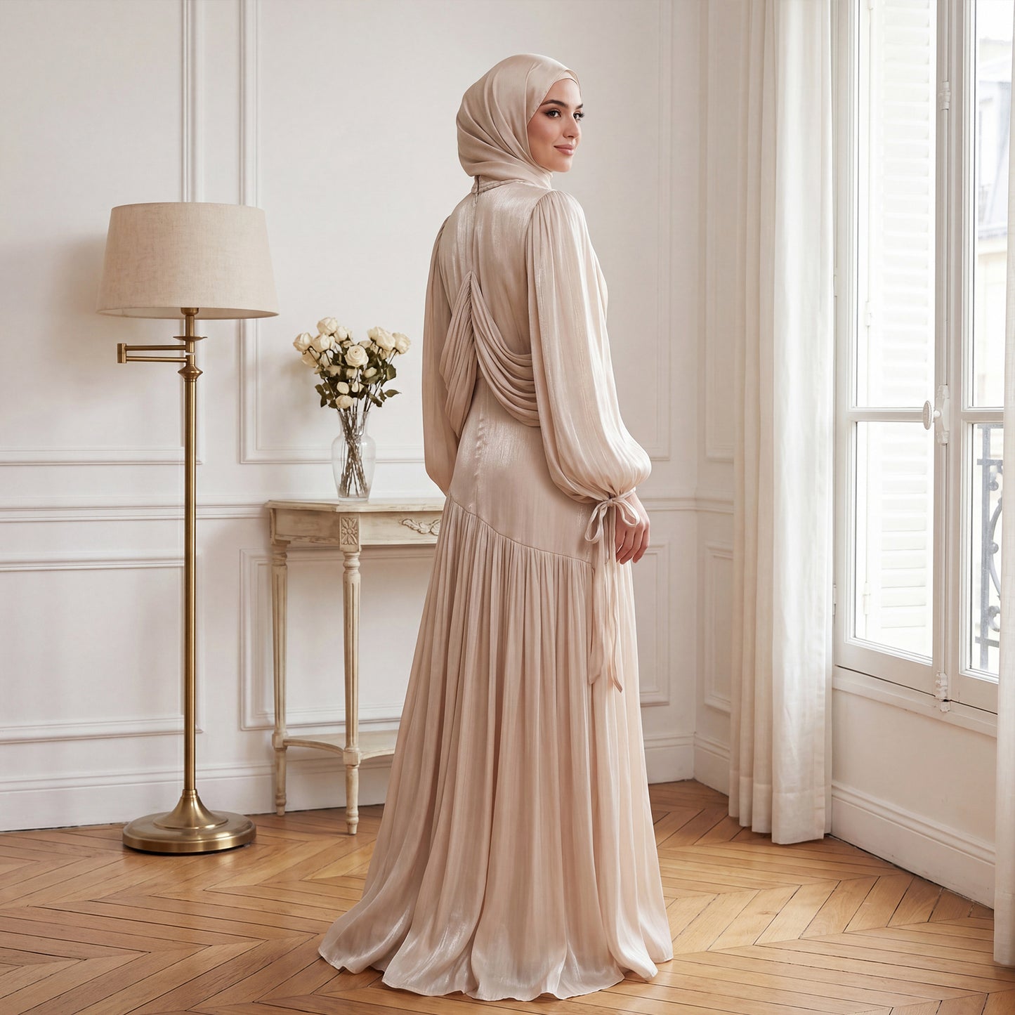Elegant Mock Neck Pleated Maxi Dress - Modest Long Sleeve Abaya Dress