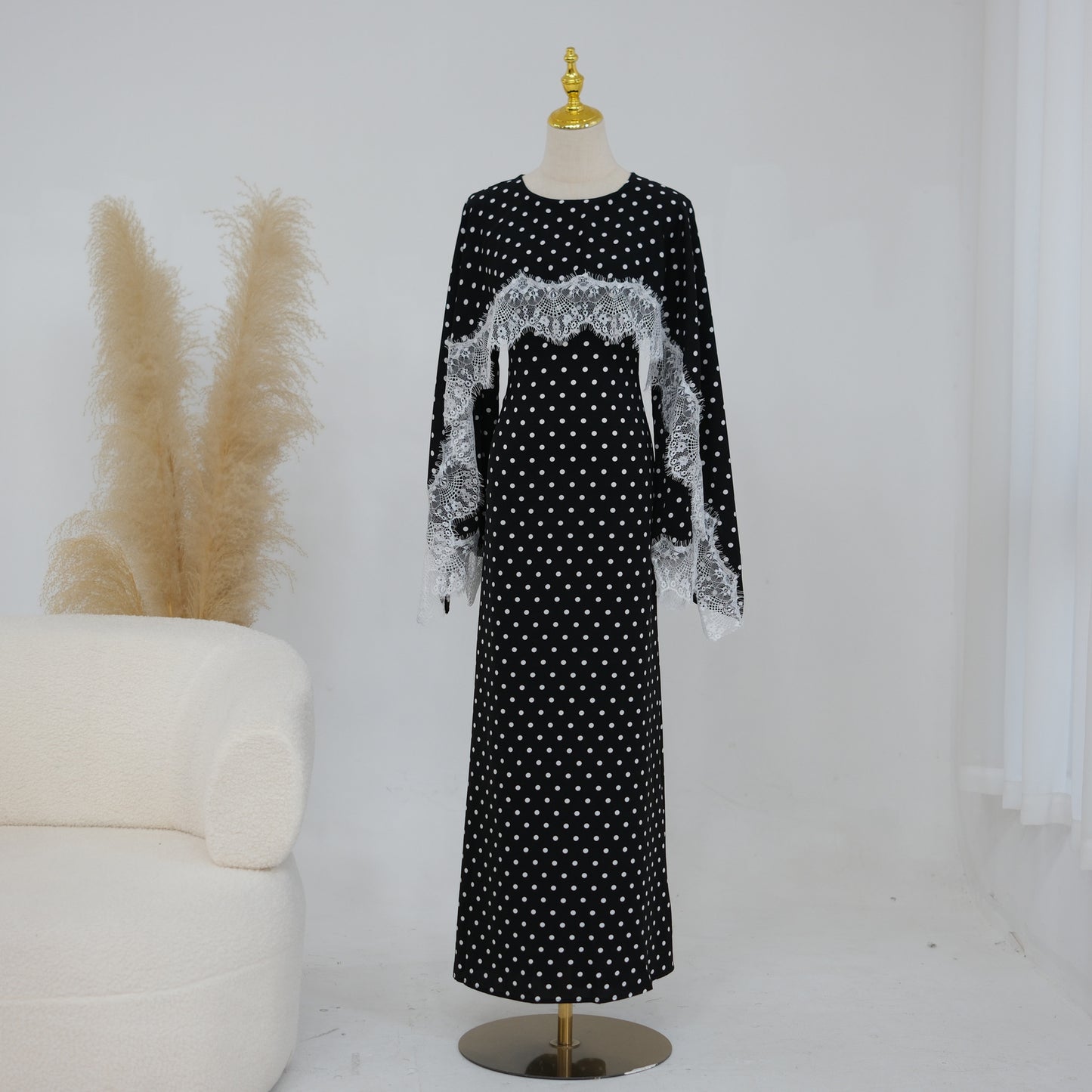 Lace Panel Cape Sleeve Modest Maxi Dress - Elegant Viscose Long Gown