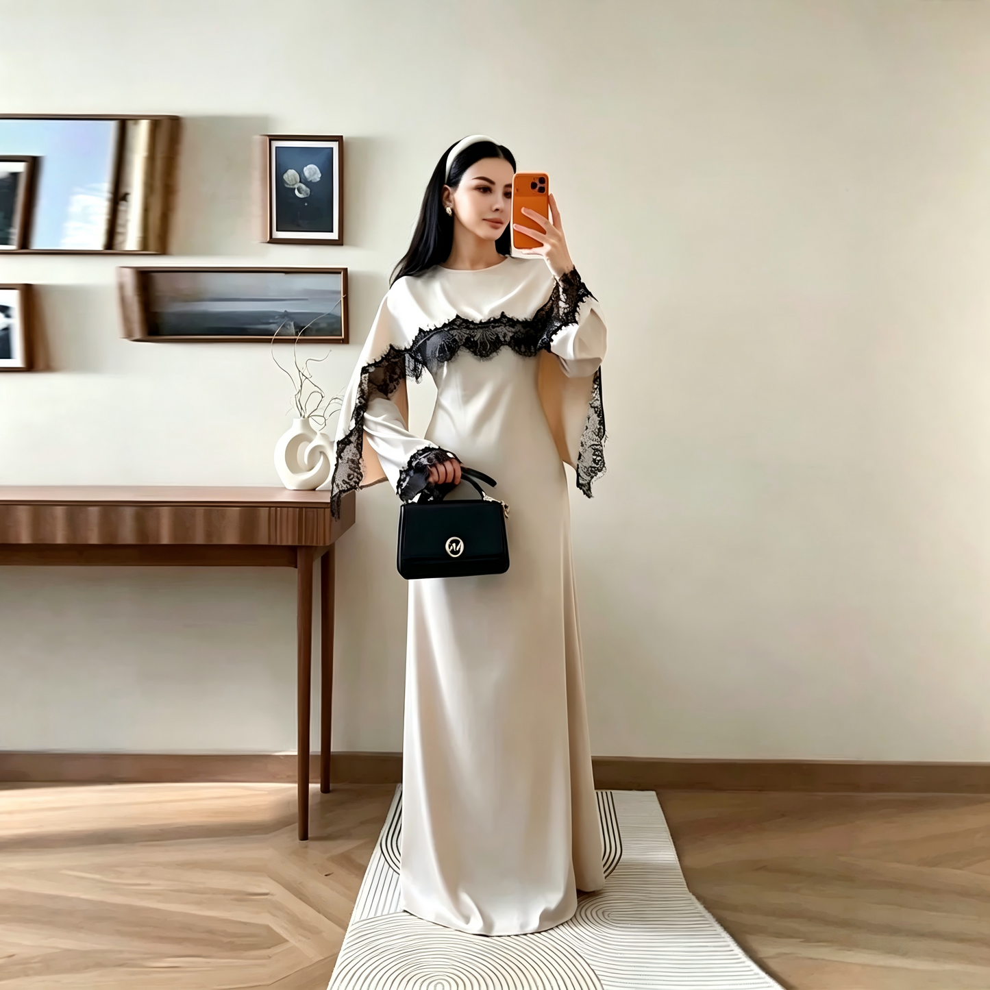 Lace Panel Cape Sleeve Modest Maxi Dress - Elegant Viscose Long Gown