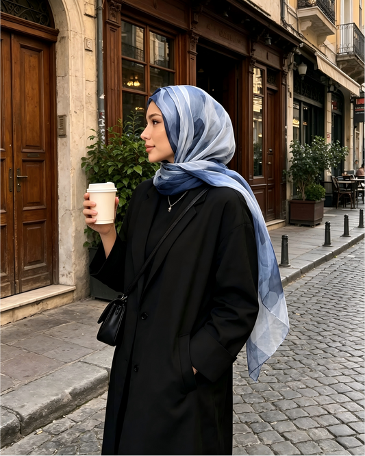 Navy Blue Grey Cloud Wash Hijab Shawl – Watercolor Modest Head Scarf (80×180cm) - product image 1 of 10 | Lunar Elegance
