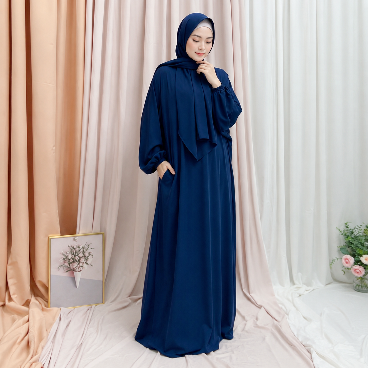 Basic Closed Abaya with Attached Hijab - Navy - full length modest maxi dress