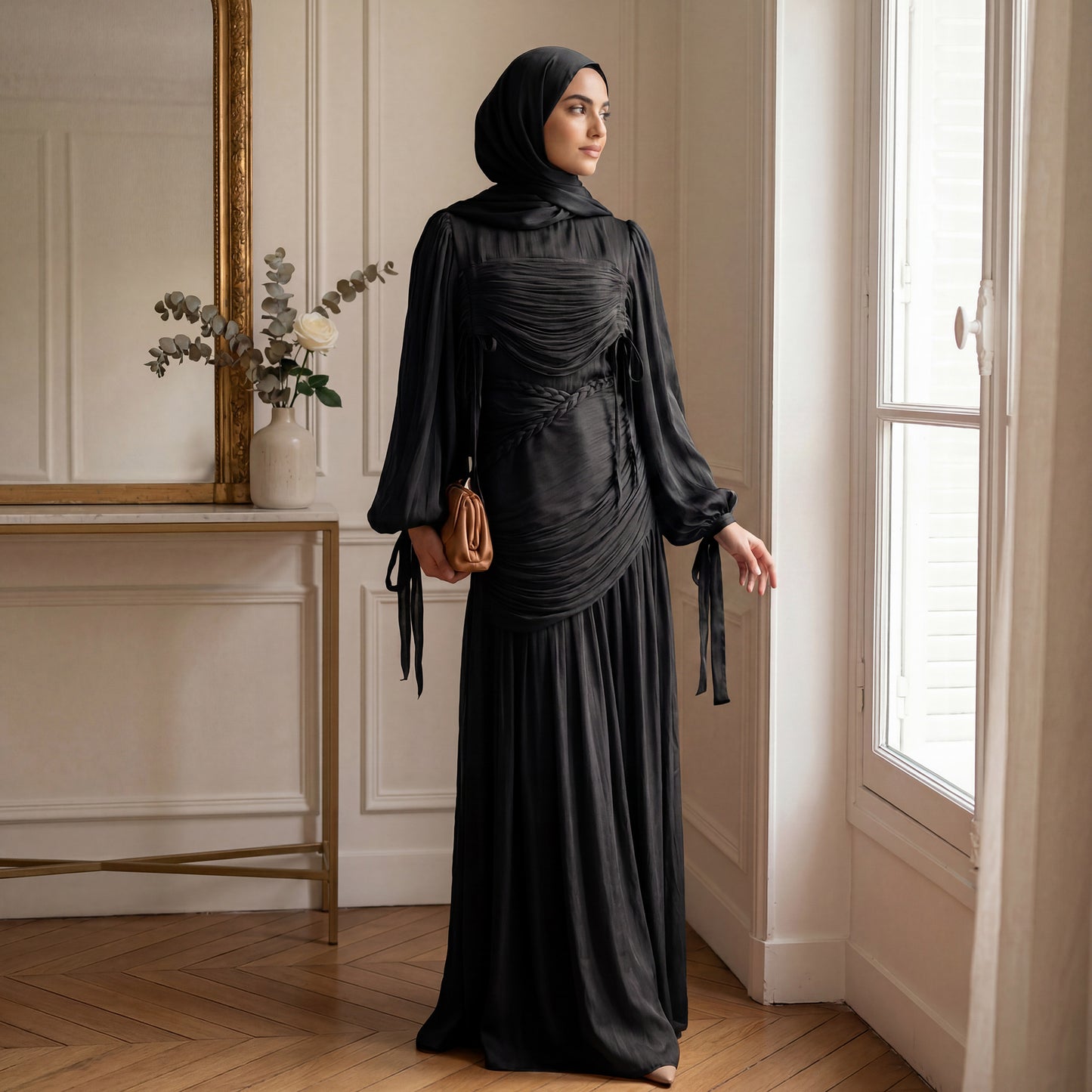 Elegant mock neck pleated maxi dress in black - modest long sleeve abaya dress