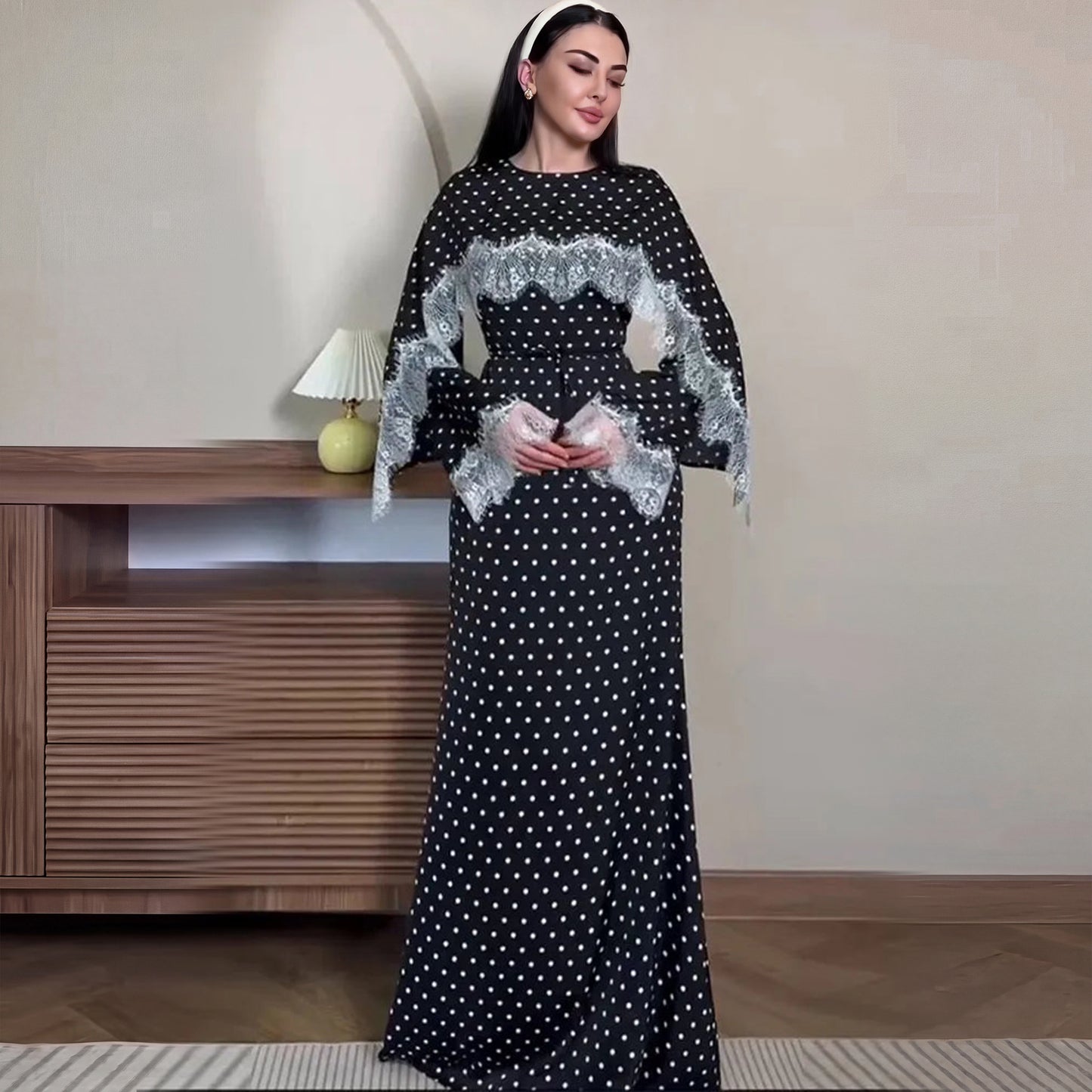 Lace Panel Cape Sleeve Modest Maxi Dress - Elegant Viscose Long Gown