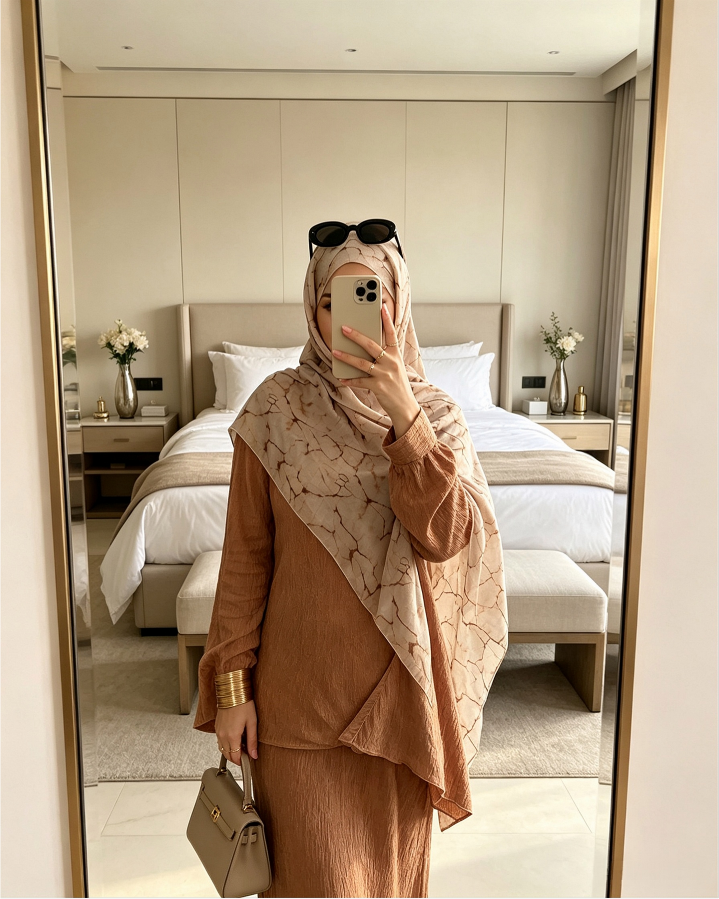 Nude Beige Floral Sketch Hijab Shawl – Botanical Modest Head Scarf (80×180cm) - product image 2 of 9 | Lunar Elegance