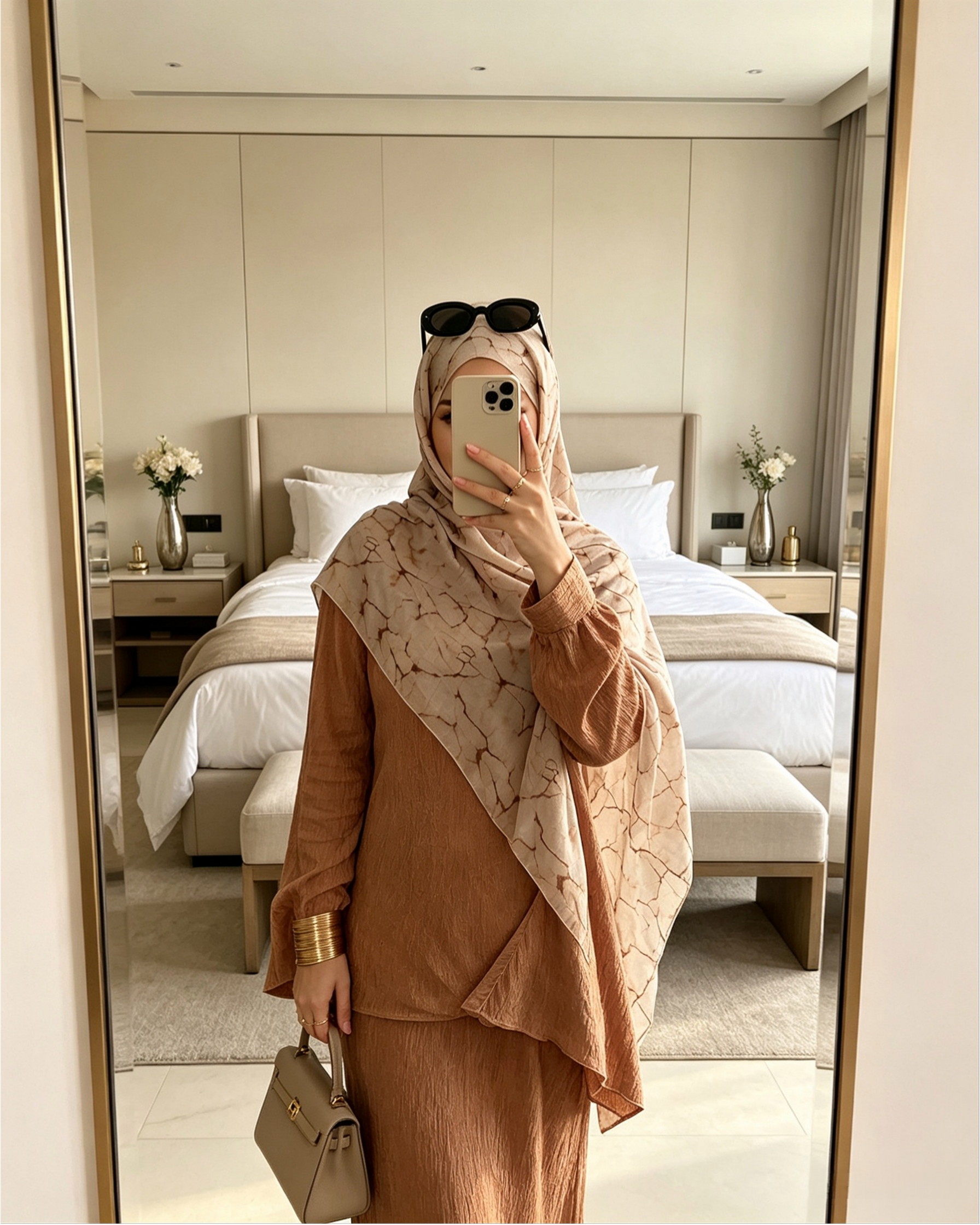 Nude Beige Floral Sketch Hijab Shawl – Botanical Modest Head Scarf (80×180cm) - product image 2 of 9 | Lunar Elegance