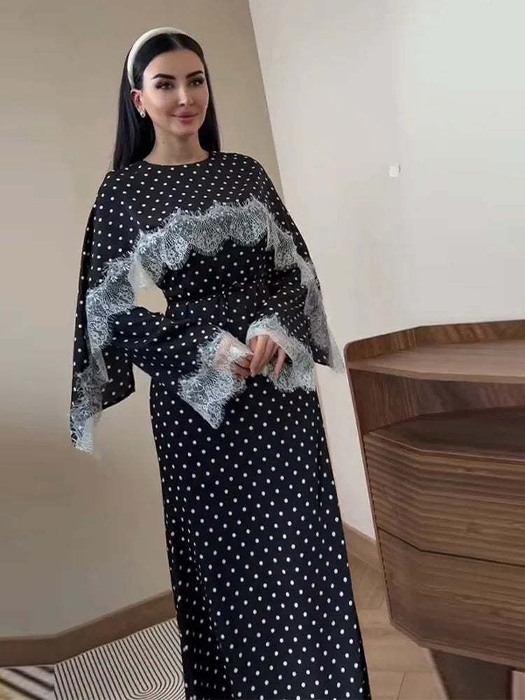 Lace Panel Cape Sleeve Modest Maxi Dress - Elegant Viscose Long Gown
