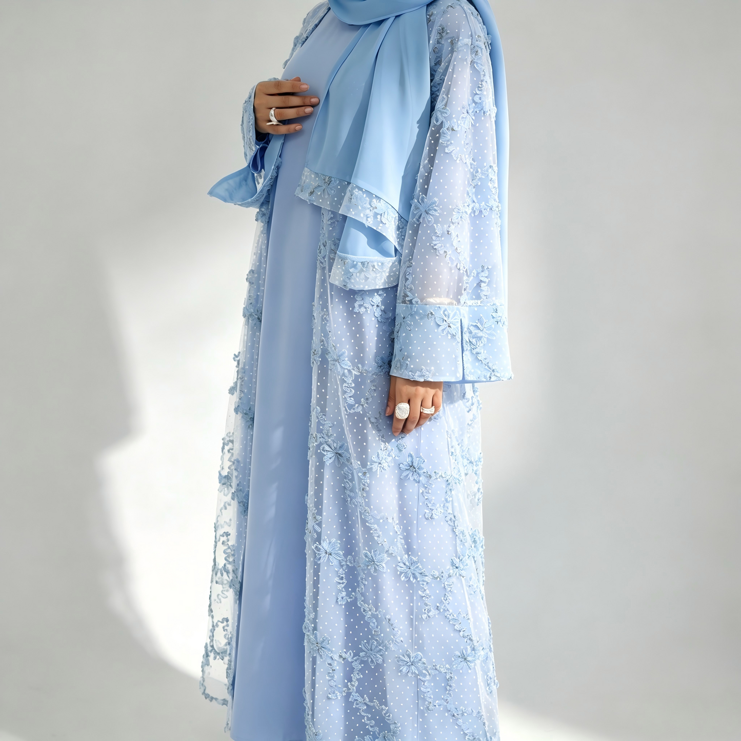 Elegant Mesh Cardigan Abaya and Hijab Set