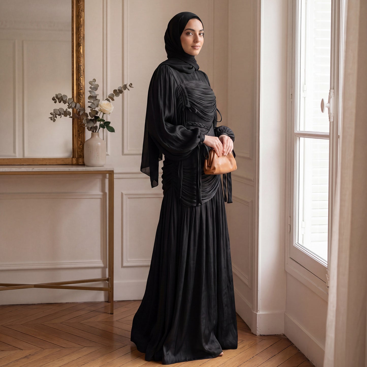 Elegant Mock Neck Pleated Maxi Dress - Modest Long Sleeve Abaya Dress