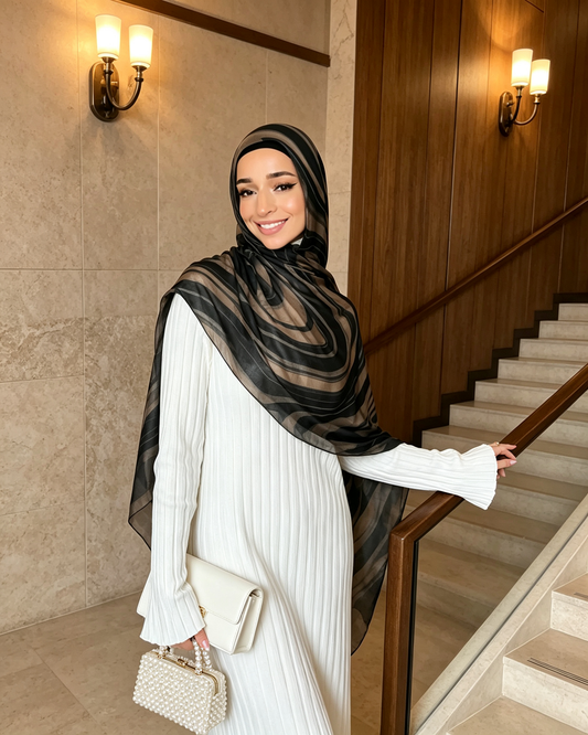 Black Grey Wave Stripe hijab shawl - view 1