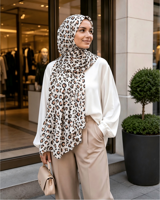 Ivory Leopard Print Liquid Jersey Hijab Scarf – Soft Premium Modest Wrap - product image 4 of 9 | Lunar Elegance