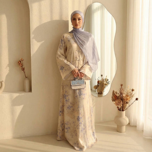 Printed Button 2-Piece Modest Set - Apricot Print