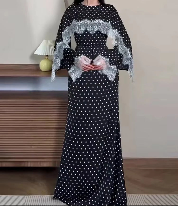 Lace Panel Cape Sleeve Modest Maxi Dress - Elegant Viscose Long Gown