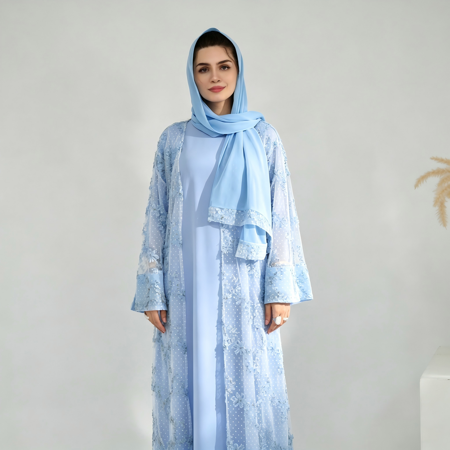 Elegant Mesh Cardigan Abaya and Hijab Set