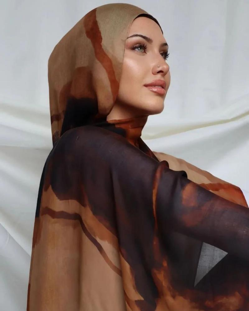 Camel brown marble hijab shawl flat lay, 80x180cm agate flow print