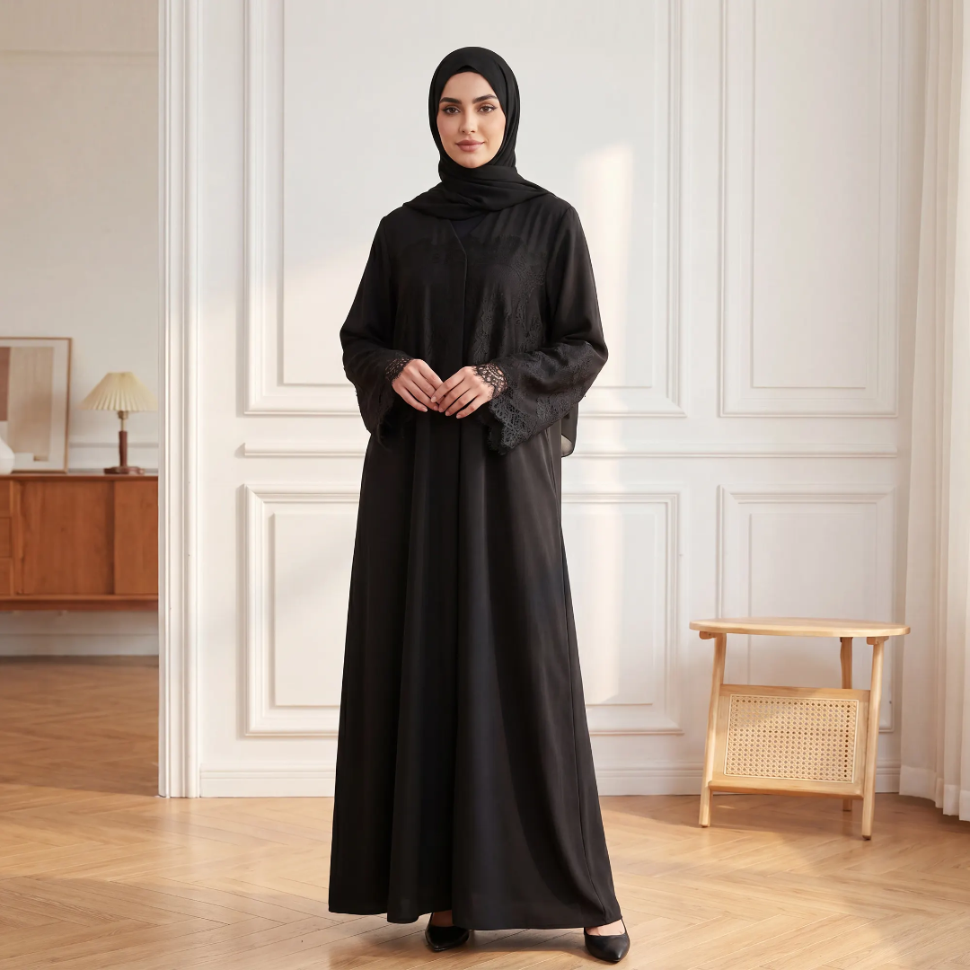 Black Lace Abaya - elegant open front full length maxi dress