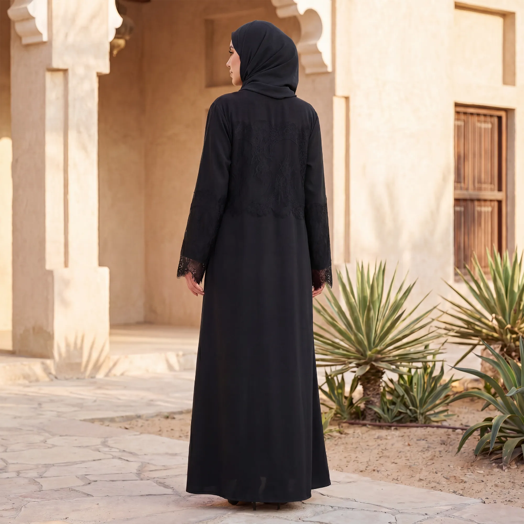 Black Lace Abaya - back view with lace sleeve detail