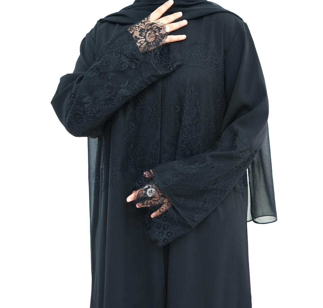 Black Lace Abaya - close-up of lace cuff and sleeve detail