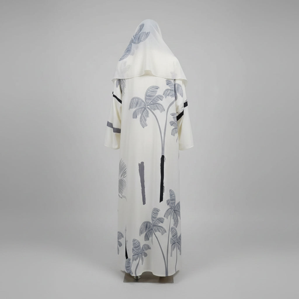 White Botanical Print Abaya and Hijab Set, white printed modest abaya set - view 2