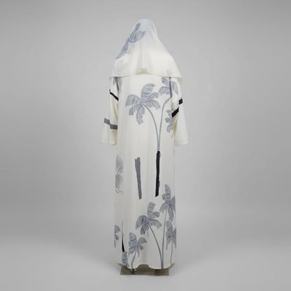 White Botanical Print Abaya and Hijab Set, white printed modest abaya set - view 2