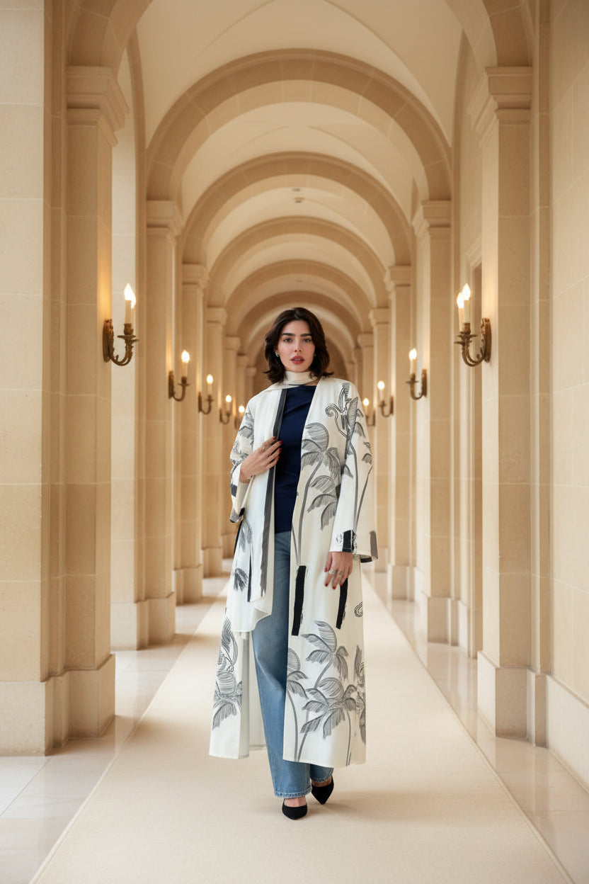 White Botanical Print Abaya and Hijab Set, white printed modest abaya set - view 4