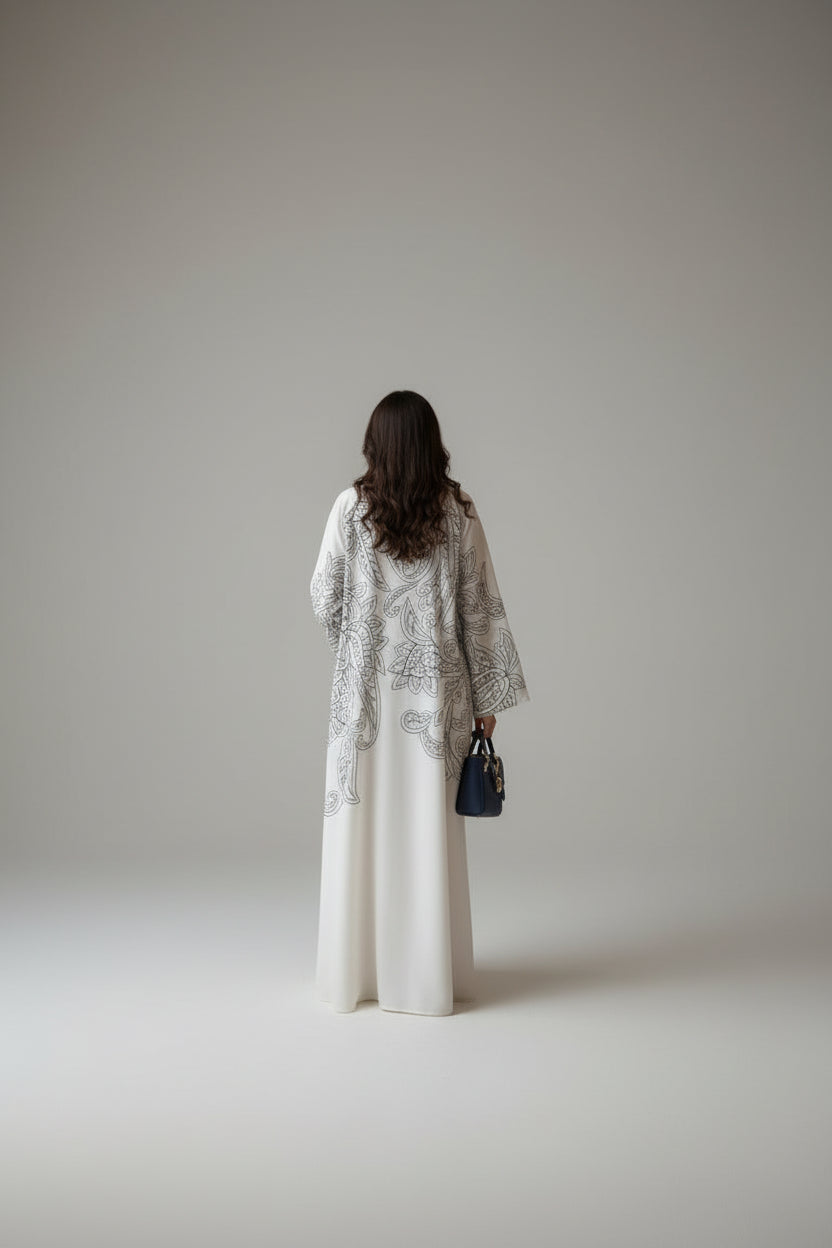 White Paisley Print Abaya and Hijab Set, white printed modest abaya set - view 2