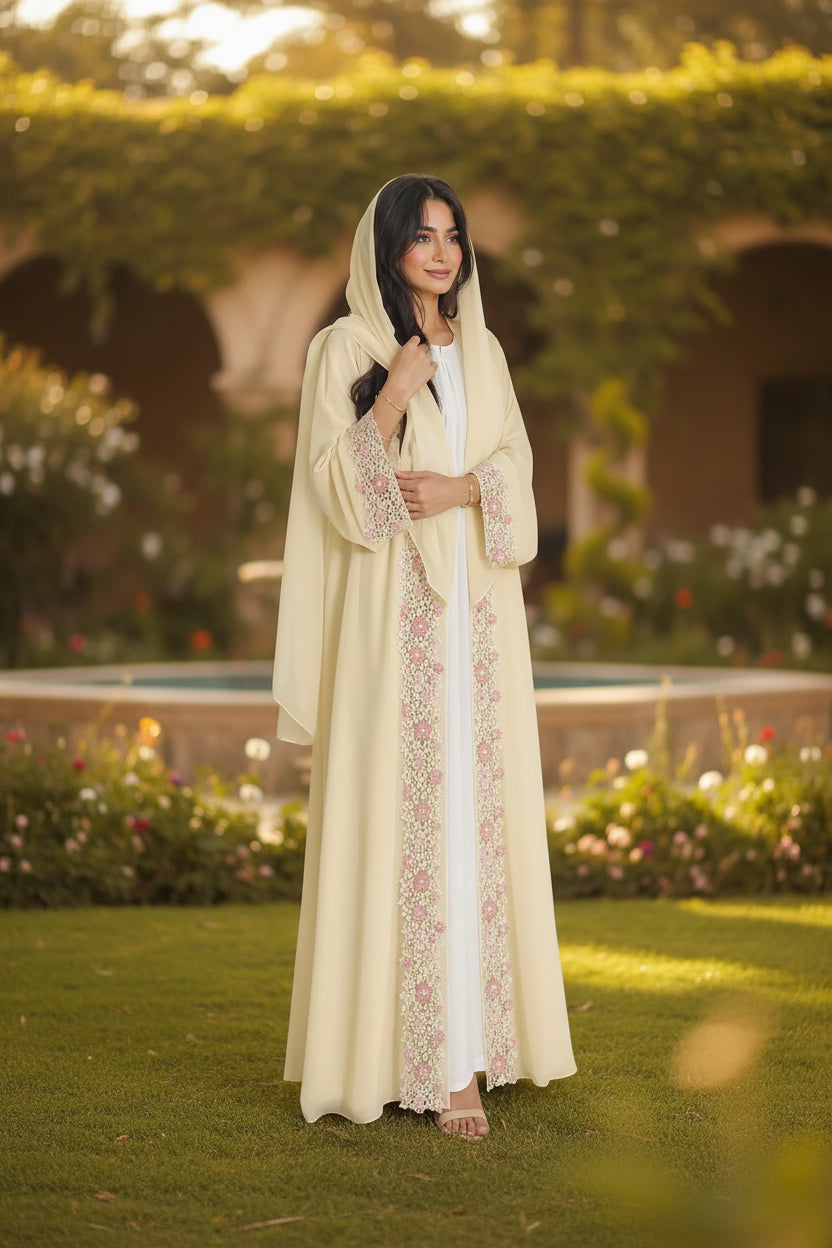 Yellow Floral Lace-Trim Abaya and Hijab Set, yellow printed modest abaya set - view 1