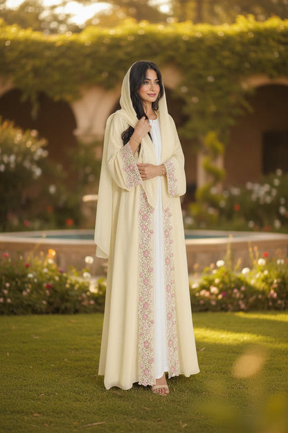 Yellow Floral Lace-Trim Abaya and Hijab Set, yellow printed modest abaya set - view 1
