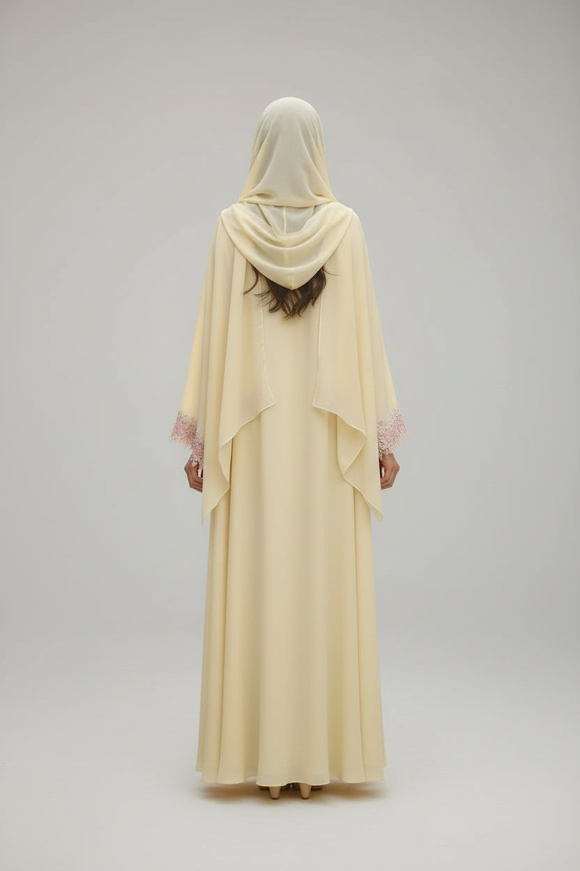 Yellow Floral Lace-Trim Abaya and Hijab Set, yellow printed modest abaya set - view 2
