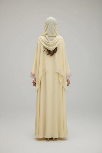 Yellow Floral Lace-Trim Abaya and Hijab Set, yellow printed modest abaya set - view 2