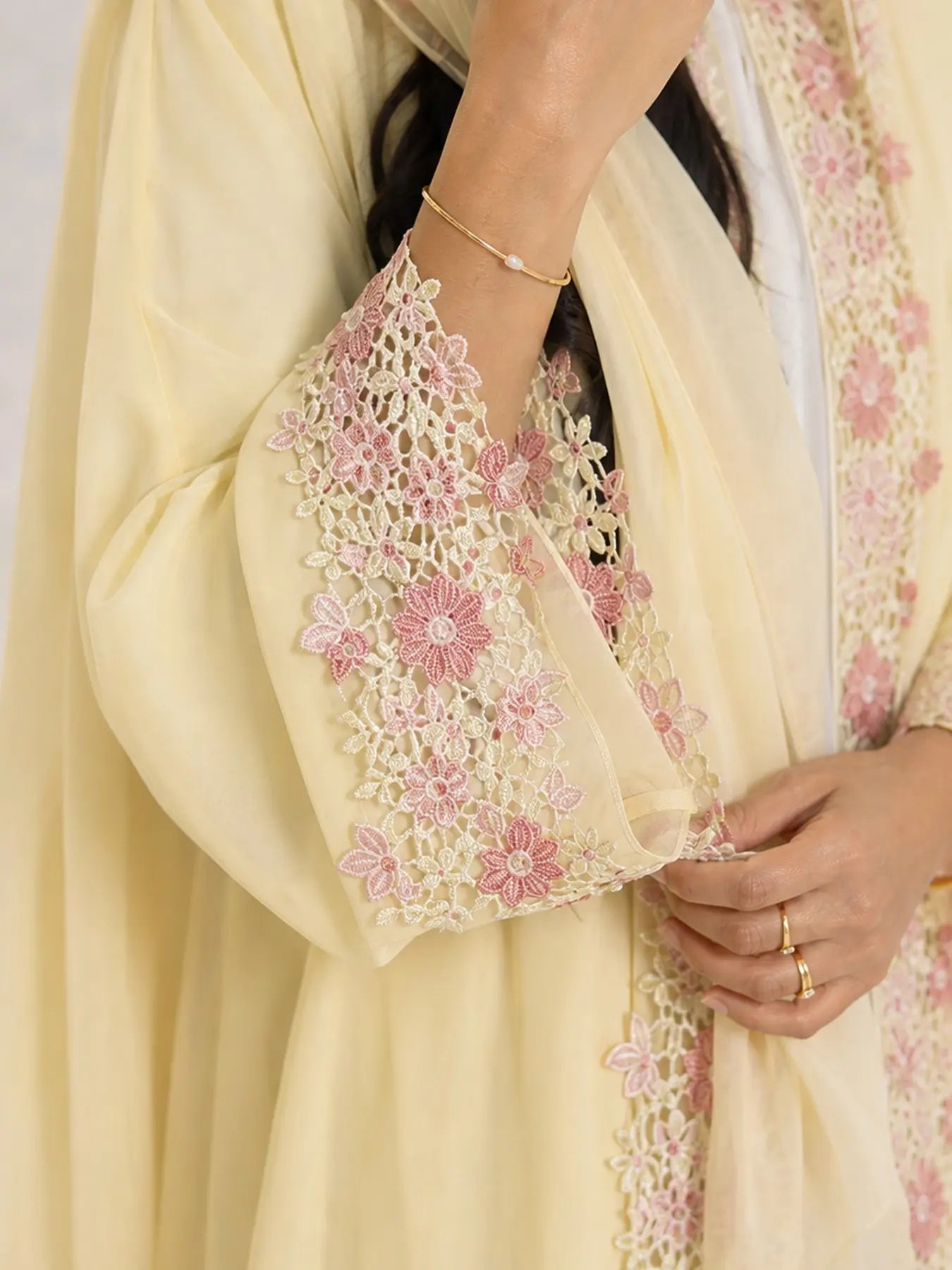 Yellow Floral Lace-Trim Abaya and Hijab Set, yellow printed modest abaya set - view 3