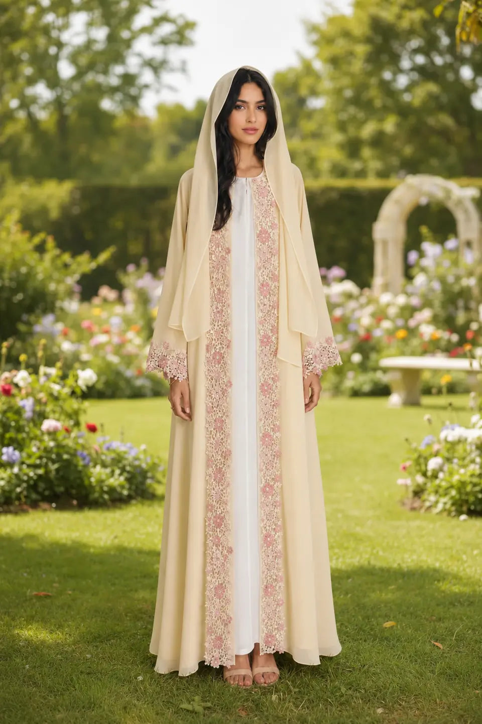 Yellow Floral Lace-Trim Abaya and Hijab Set, yellow printed modest abaya set - view 4