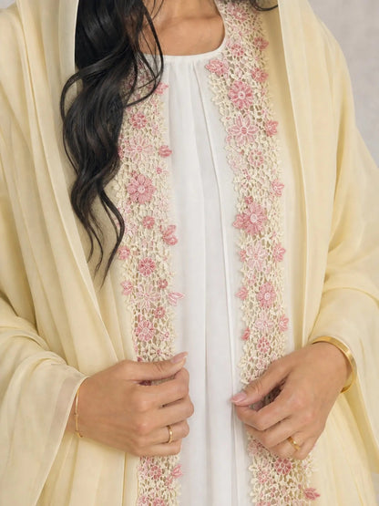 Yellow Floral Lace-Trim Abaya and Hijab Set, yellow printed modest abaya set - view 5