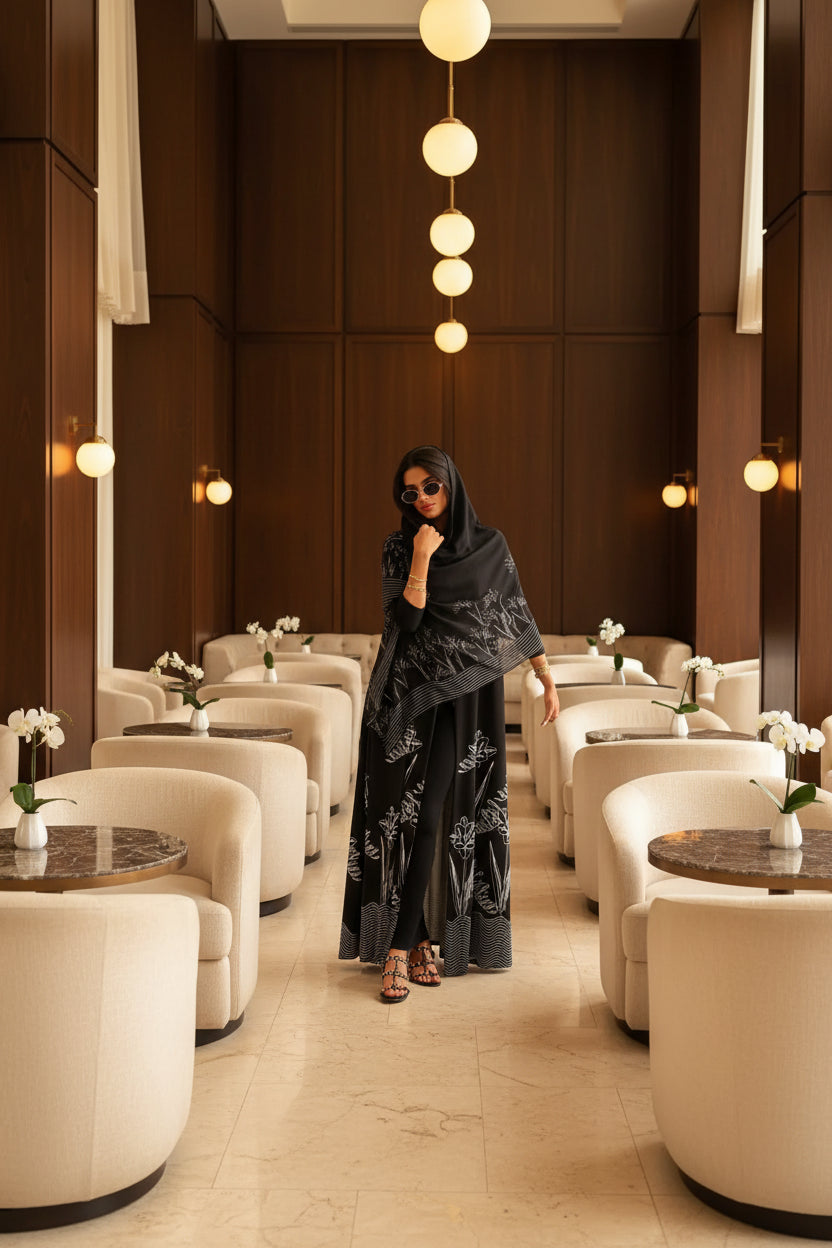 Black Line-Art Floral Abaya and Hijab Set, black printed modest abaya set - view 1
