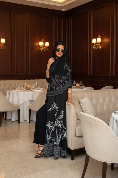 Black Line-Art Floral Abaya and Hijab Set, black printed modest abaya set - view 2