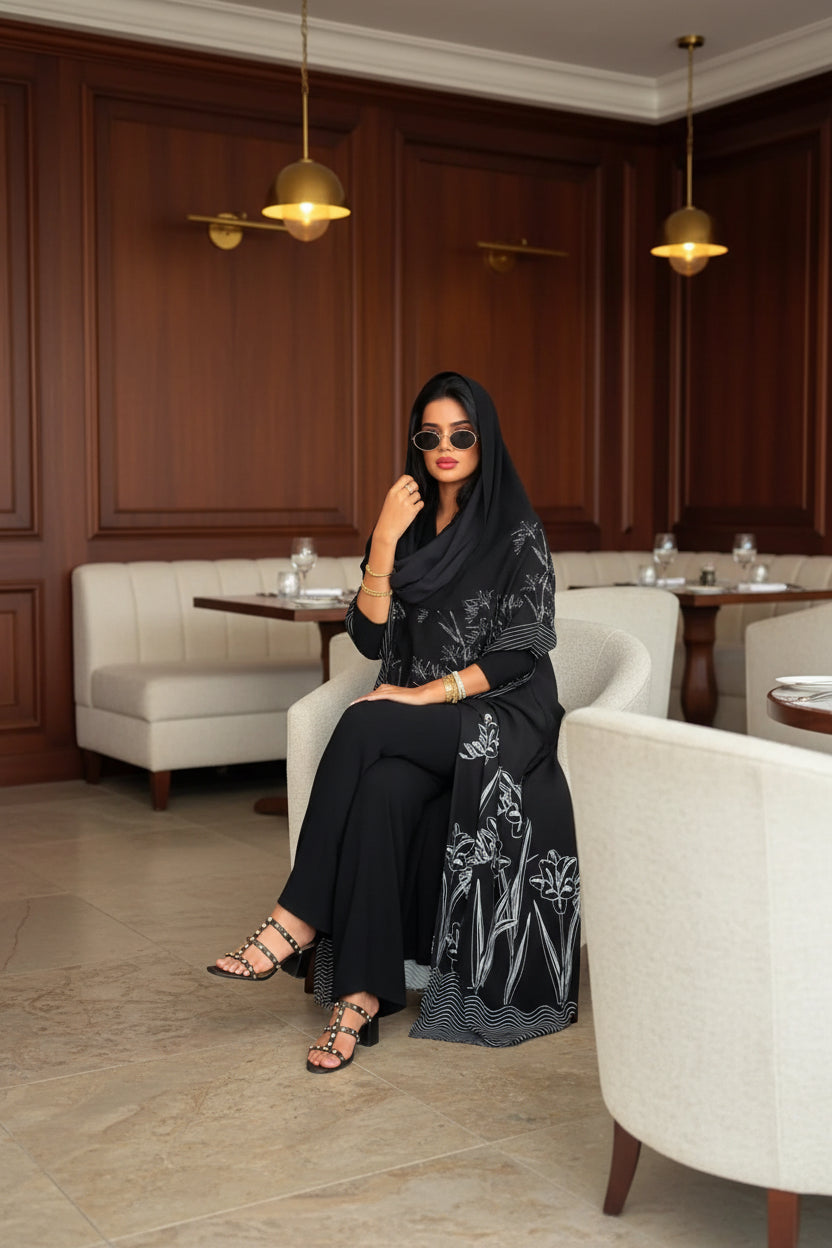 Black Line-Art Floral Abaya and Hijab Set, black printed modest abaya set - view 3