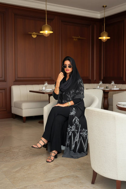 Black Line-Art Floral Abaya and Hijab Set, black printed modest abaya set - view 3