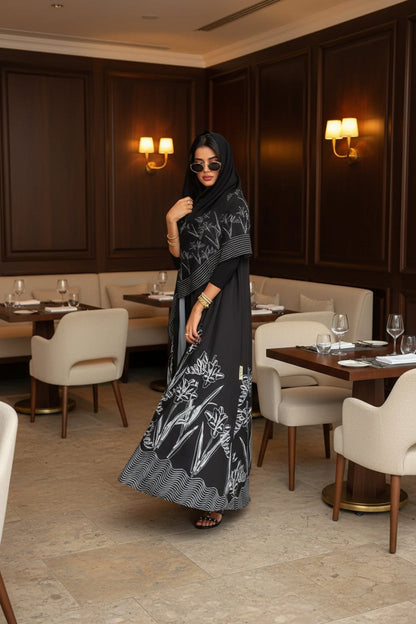 Black Line-Art Floral Abaya and Hijab Set, black printed modest abaya set - view 4