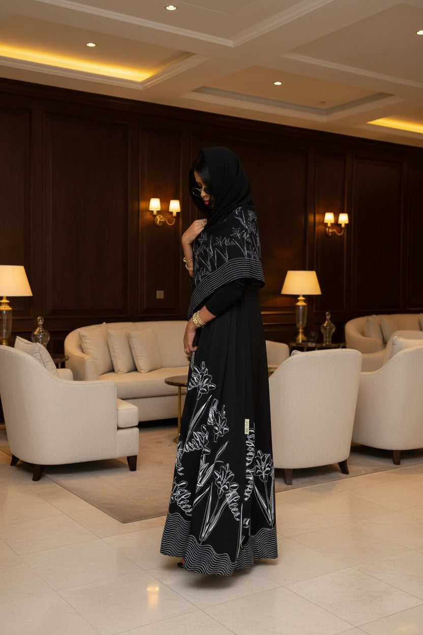 Black Line-Art Floral Abaya and Hijab Set, black printed modest abaya set - view 5