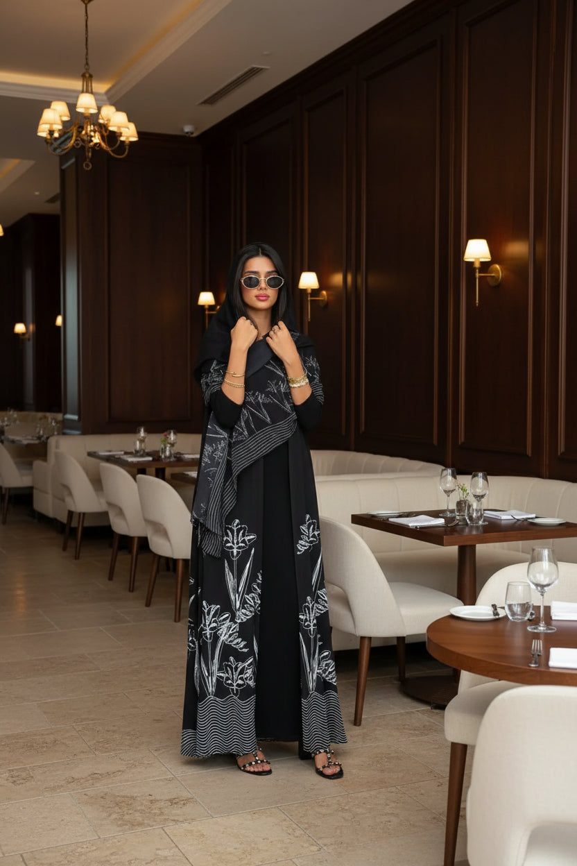 Black Line-Art Floral Abaya and Hijab Set, black printed modest abaya set - view 6