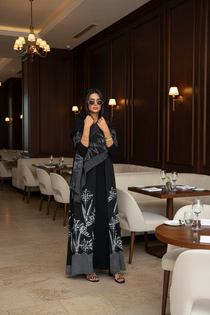 Black Line-Art Floral Abaya and Hijab Set, black printed modest abaya set - view 6